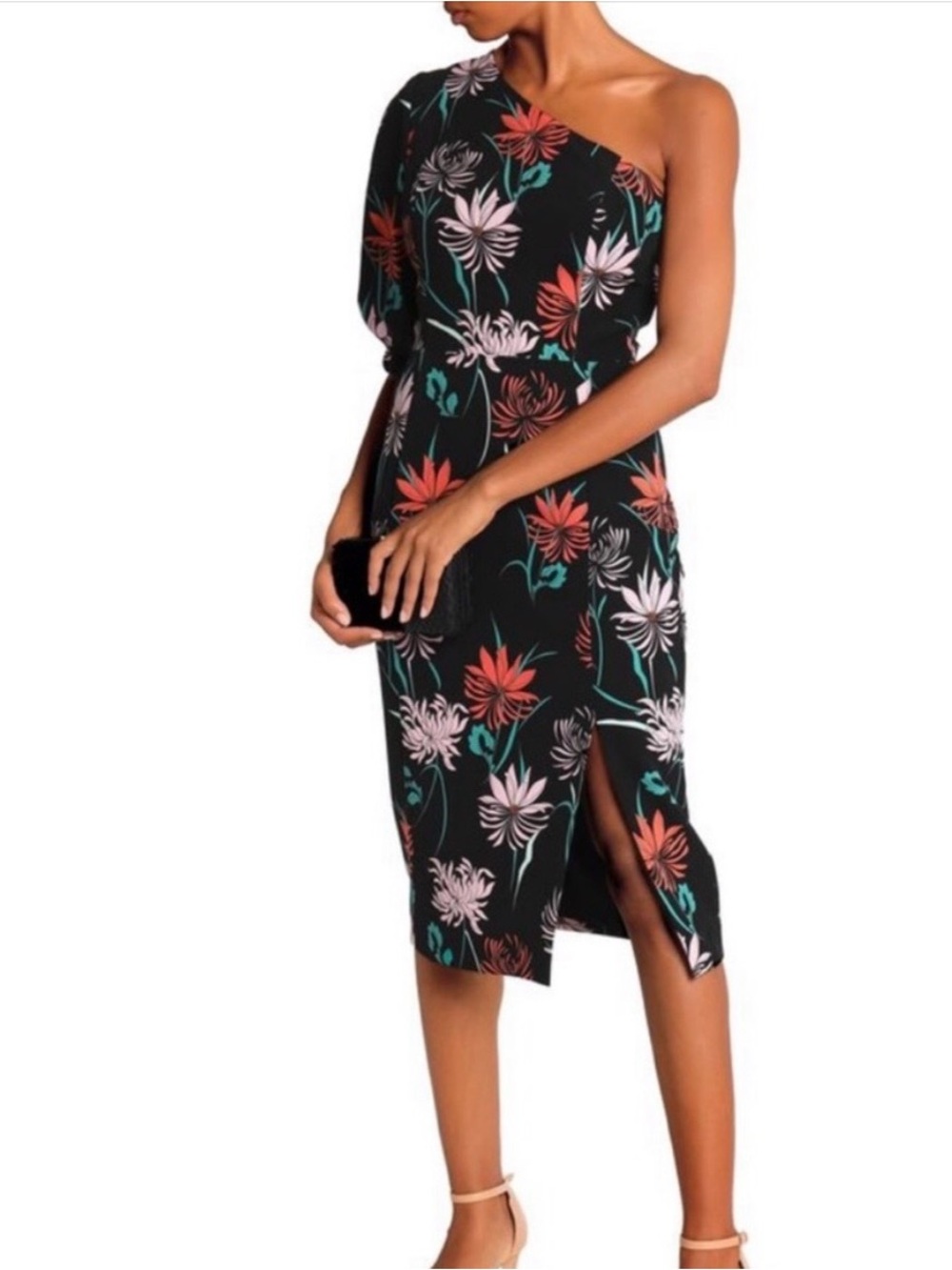 NWT Gorgeous Black Halo Beckham One Shoulder Floral Dress Sz 6